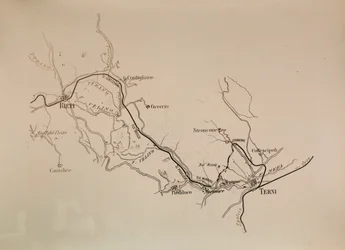 Societa Italiana pour les voies ferrées du sud : carte de la ligne ferroviaire Terni-Rieti, 1883